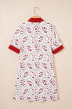Blue Geometric Floral Print Lace Trim Collared Short Sleeve Mini Dress