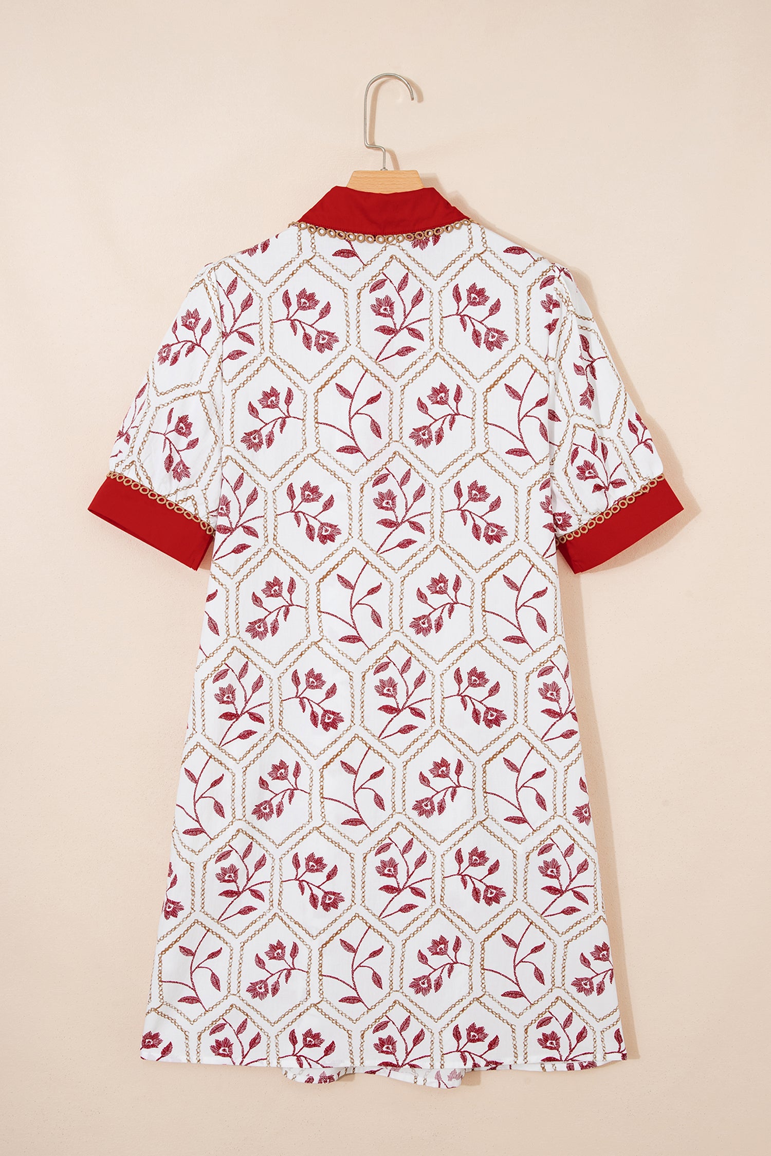 Blue Geometric Floral Print Lace Trim Collared Short Sleeve Mini Dress