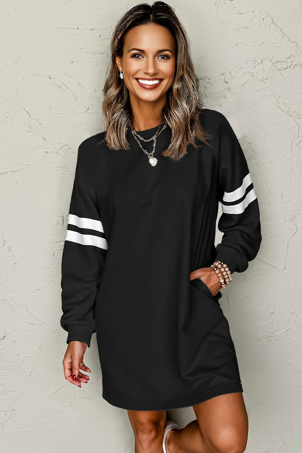 Red Varsity Sweatshirt Dress Cozy Pocketed Mini