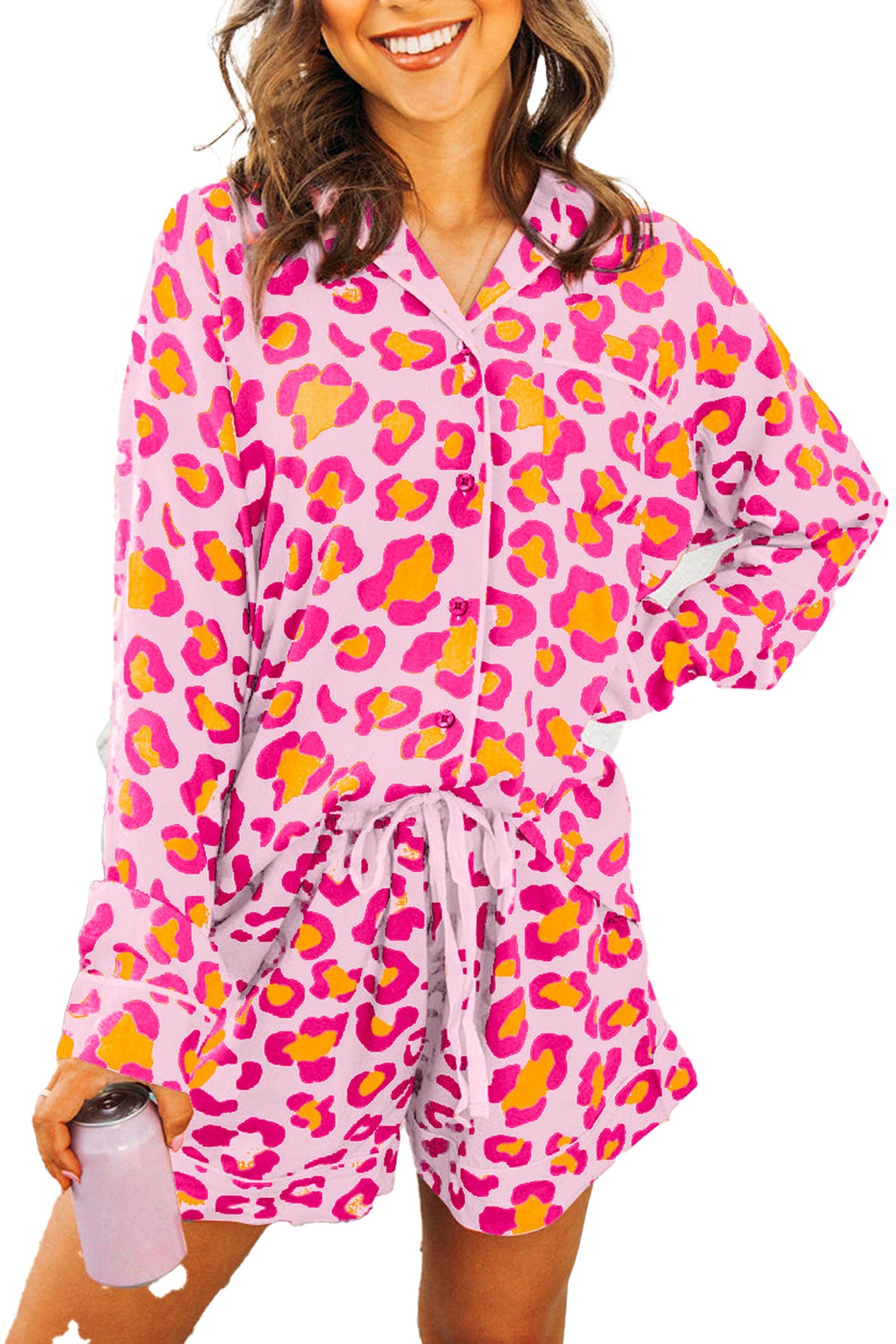 Pink Leopard Print Pajama Set For Women