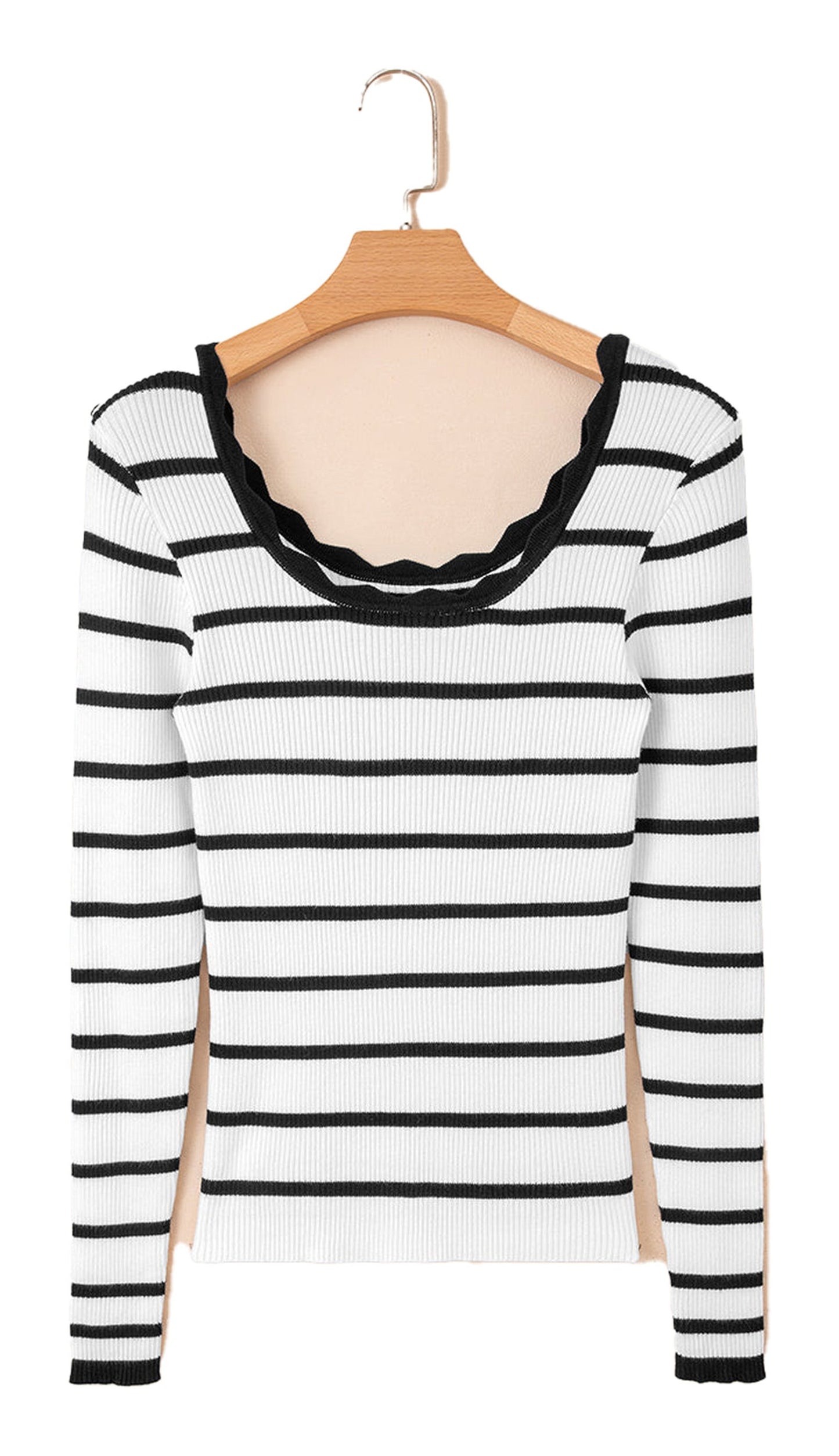 Black And White Striped Scalloped Sweater