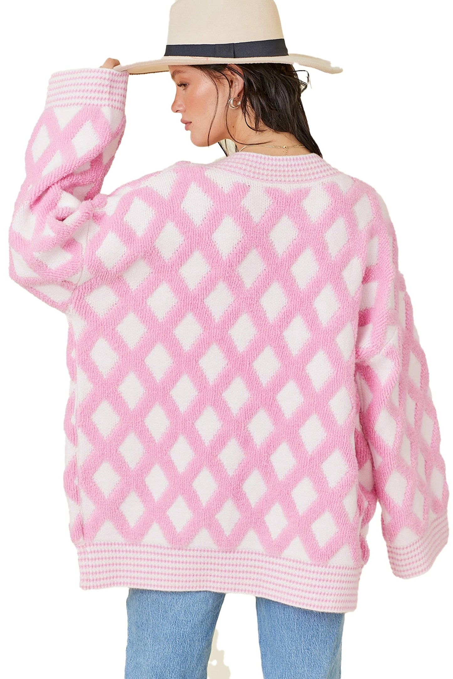Pink Rhombus Knit Cardigan For Trendy Style