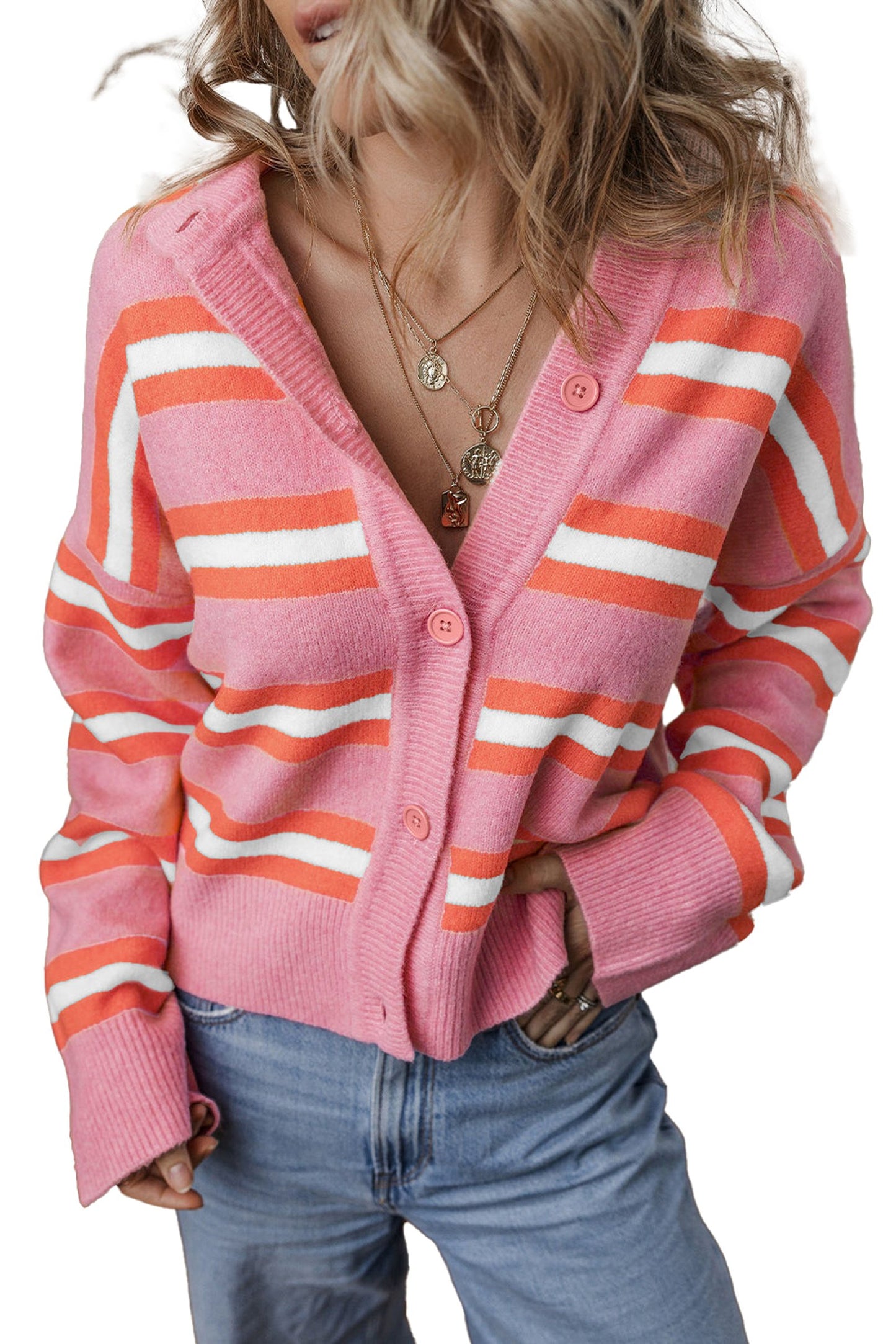 Pink Striped Cardigan Sweater For Women