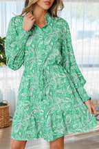 Green Paisley Mini Dress Tie-Waist Ruffle Hem
