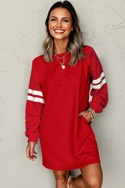 Red Varsity Sweatshirt Dress Cozy Pocketed Mini