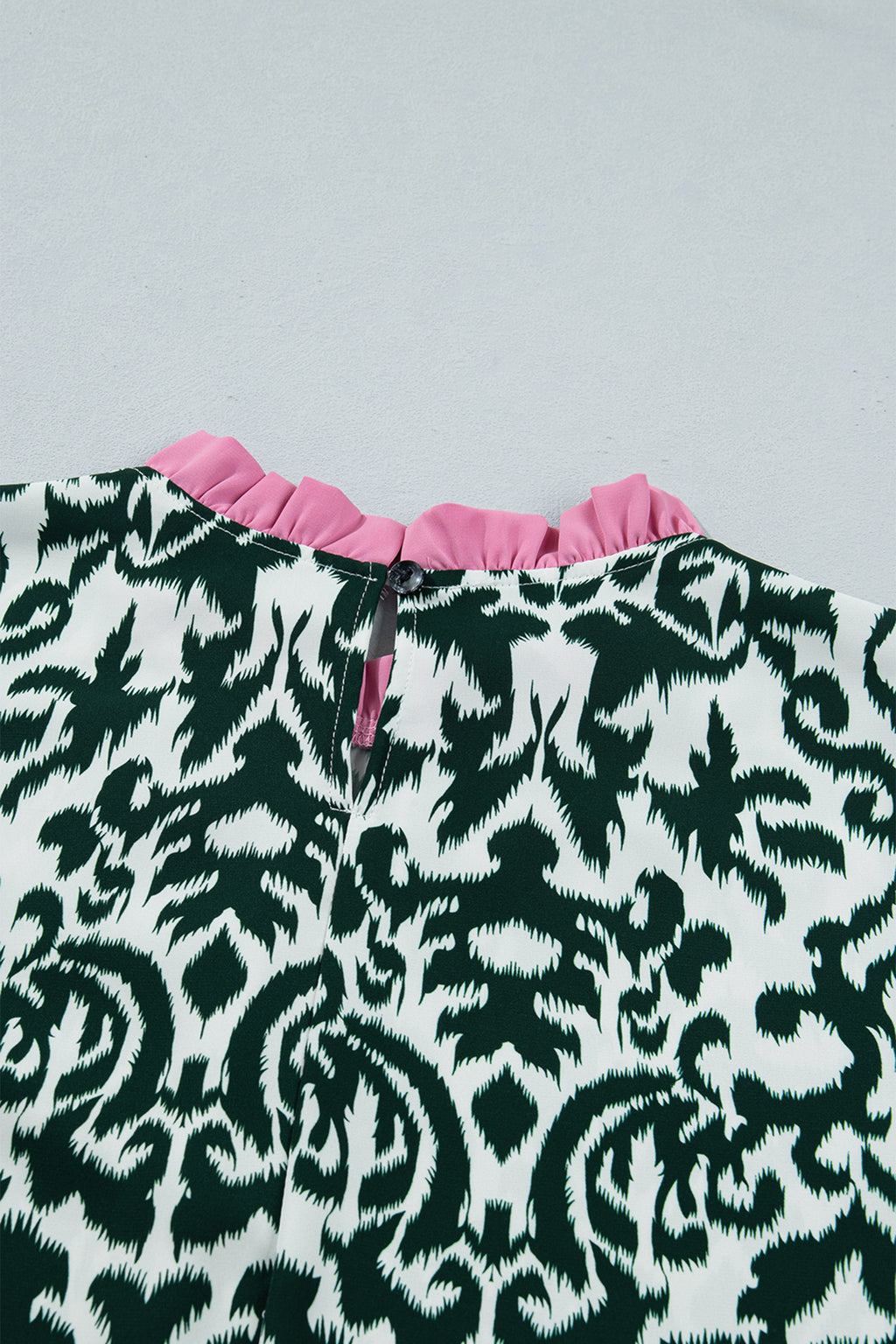 Green Damask Print Ruffled Color Block Detail Half Sleeve Blouse