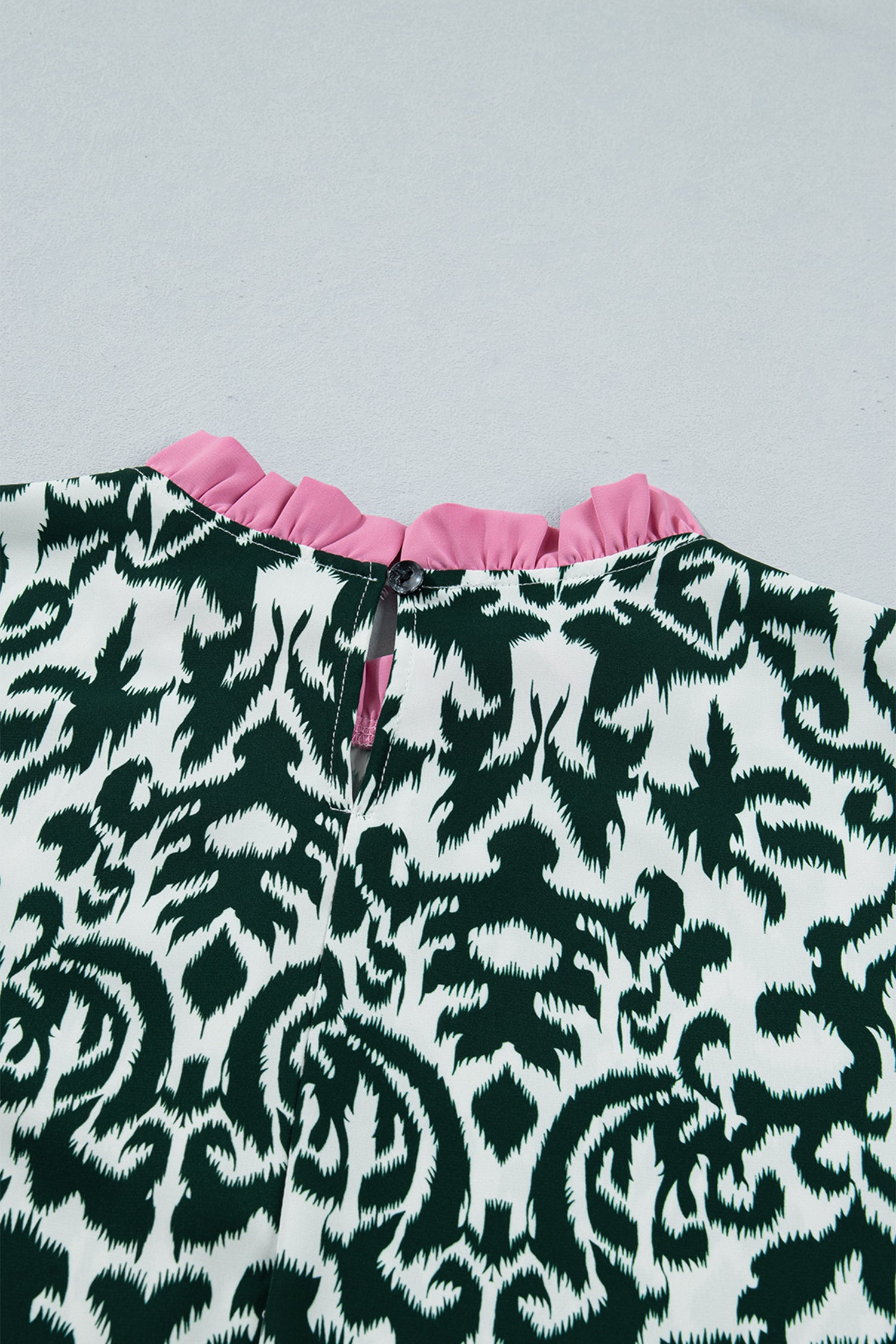 Green Damask Print Ruffled Color Block Detail Half Sleeve Blouse
