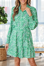 Green Paisley Mini Dress Tie-Waist Ruffle Hem