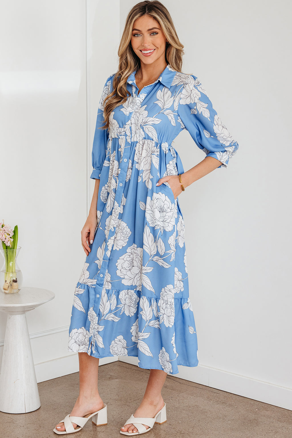 Sky Blue Floral Maxi Dress Buttoned Flowy