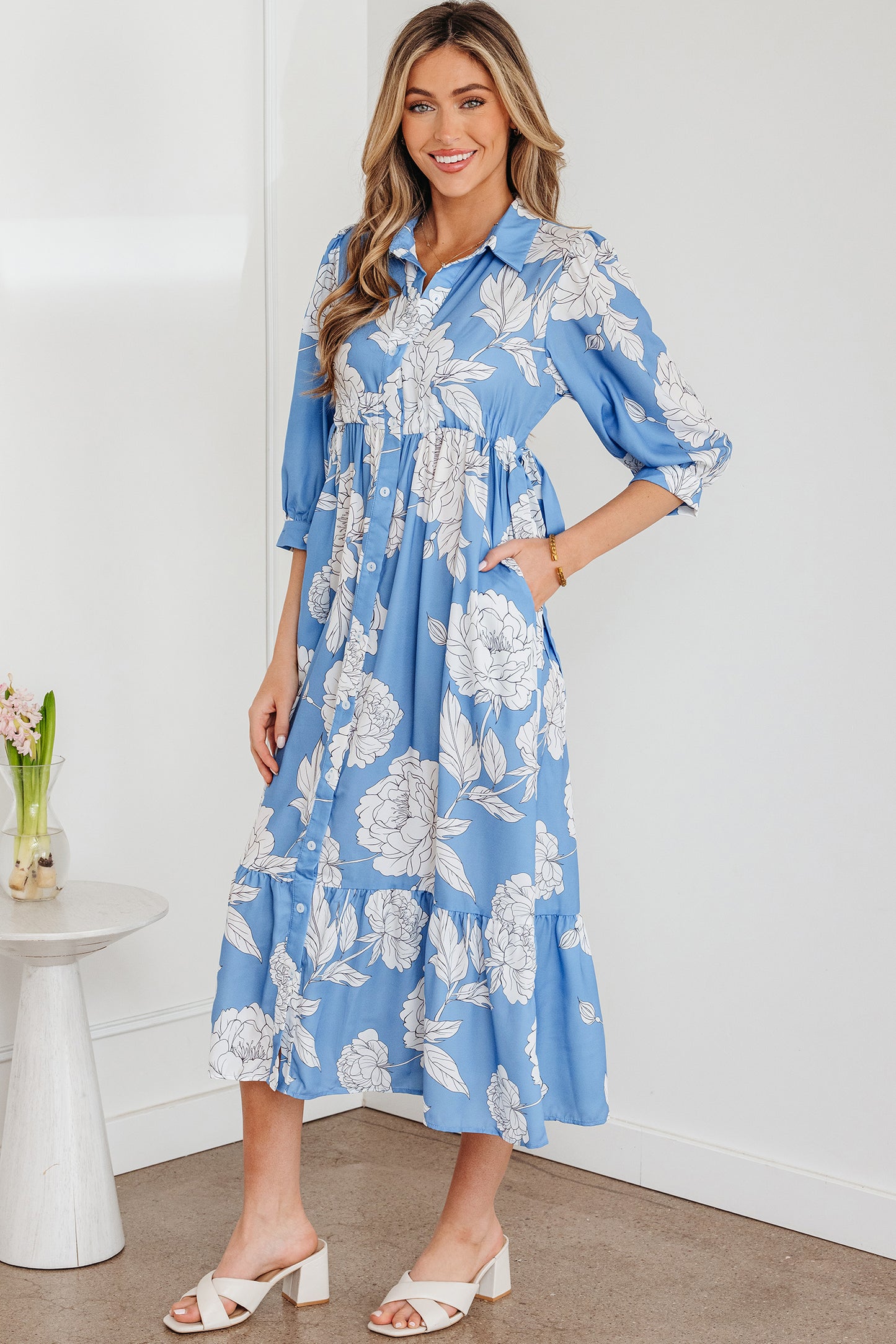 Sky Blue Floral Maxi Dress Buttoned Flowy