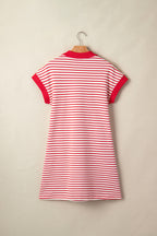 Green Stripe Quarter Zip Polo Collar T Shirt Dress with Pockets