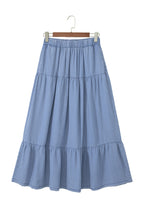 Beau Blue Elastic Waist Ruffled Tiered Flared Denim Maxi Skirt