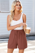 Chestnut Lace Splicing Drawstring Elastic Waist Loose Linen Shorts