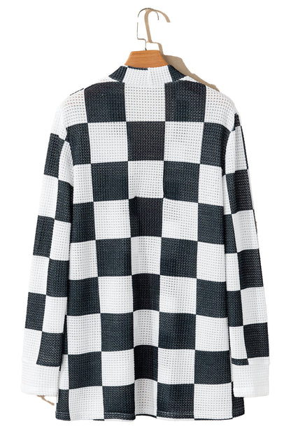 Black Checkered Waffle Knit Cardigan
