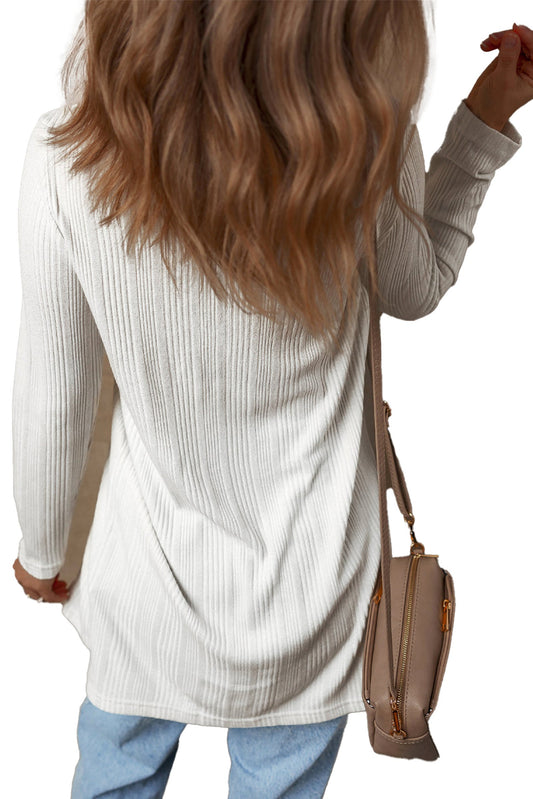 White Ribbed Button Up Tunic Cardigan