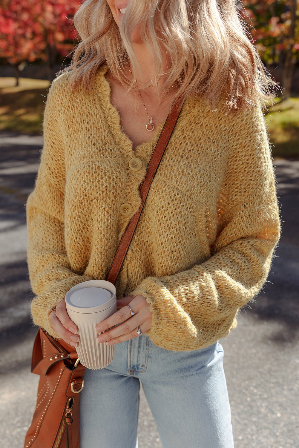 Light Beige Lantern Sleeve Cardigan
