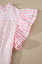 Pink Stripe Contrast Trim V Neck Flutter Sleeve Blouse
