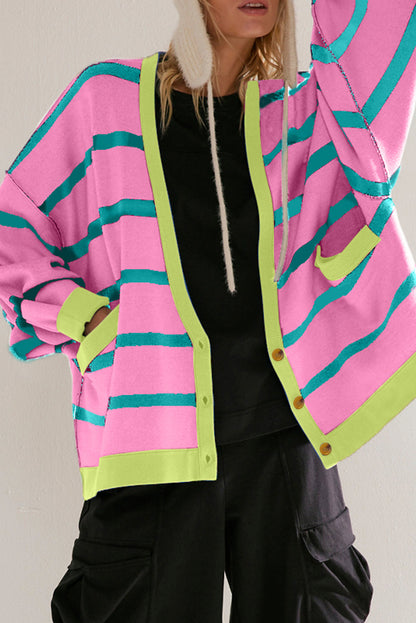 Pink Stripe Colorblock Cardigan For Trendy Style