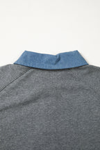 Carbon Grey Denim Color Block Patchwork Shirt Collar Short Sleeve Blouse