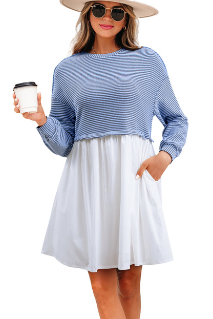 Sky Blue Stripe Patchwork Mini Dress Casual