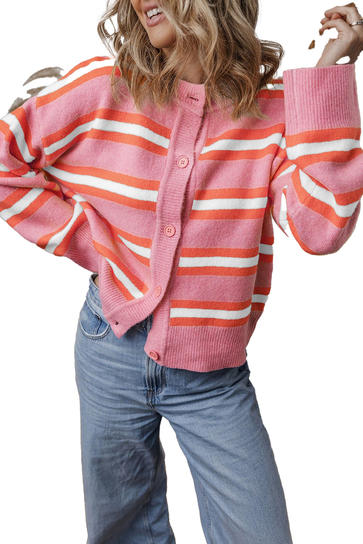 Pink Striped Cardigan Sweater For Women