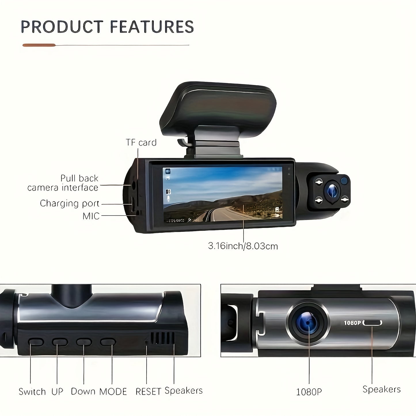 1080p Dual Camera Dash Cam With Memory Card