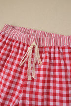Red Gingham Print Ruffle Striped Detail Lace Tie Shorts