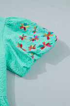 Mint Green Frilled V Neck Flower Embroidered Puff Sleeve Textured Blouse