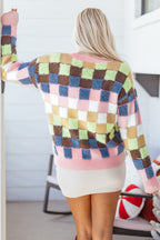 Multicolor Checkered Cardigan Sweater