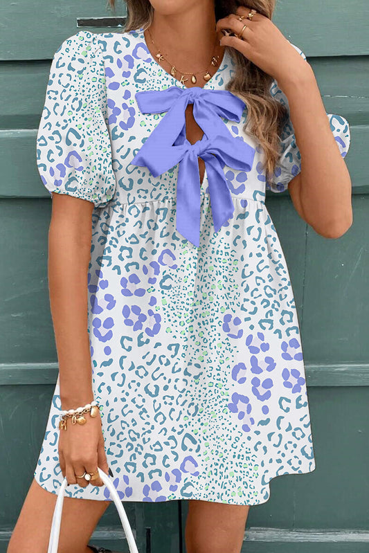 Sky Blue Leopard Mini Dress Puff-Sleeve Bow