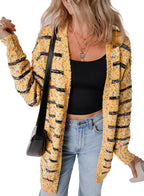 Beige Striped Knit Cardigan For Trendy Style