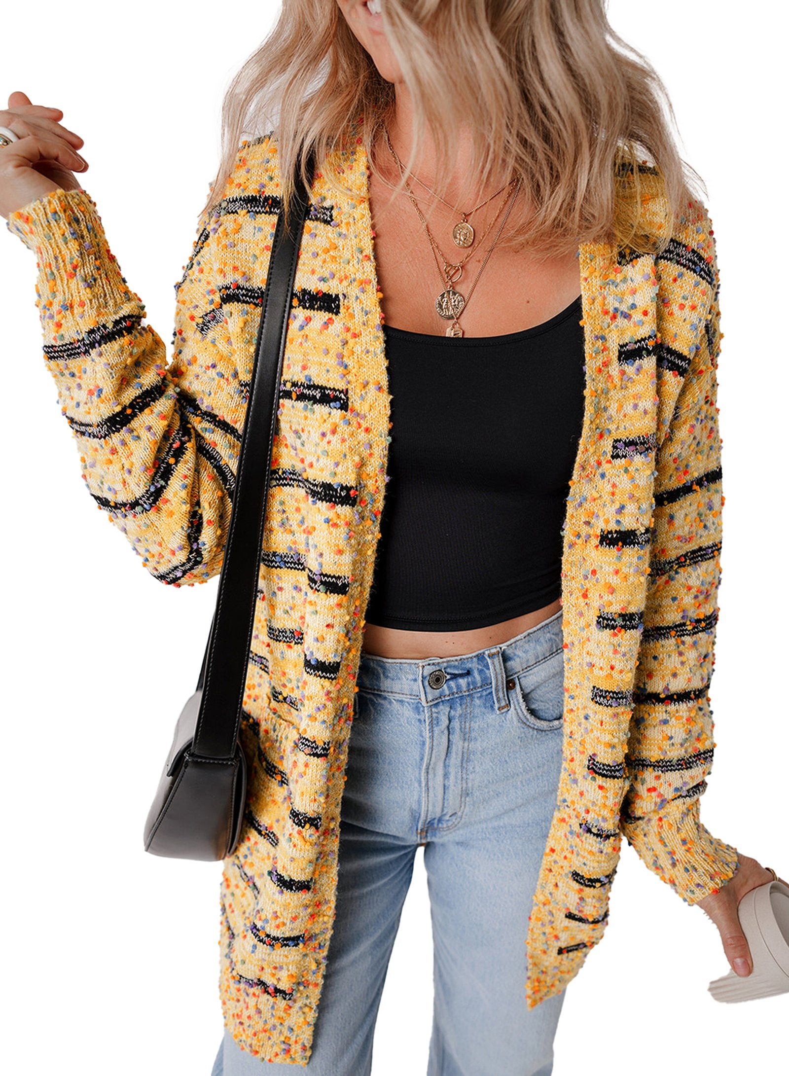 Beige Striped Knit Cardigan For Trendy Style