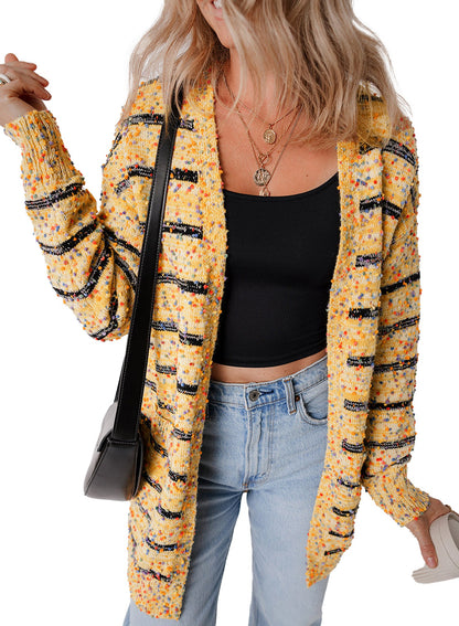 Beige Striped Knit Cardigan For Trendy Style