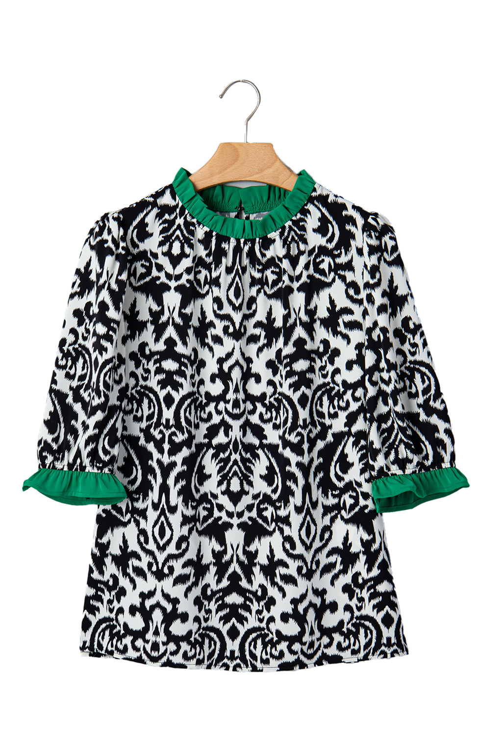 Green Damask Print Ruffled Color Block Detail Half Sleeve Blouse