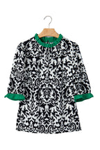 Green Damask Print Ruffled Color Block Detail Half Sleeve Blouse