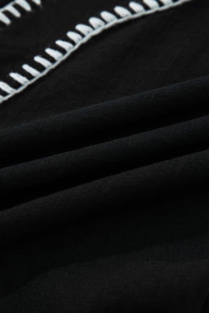 Black Contrast Stitch Mini Dress Tiered V-Neck