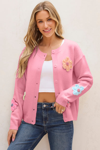 Pink Floral Knit Cardigan For Trendy Looks