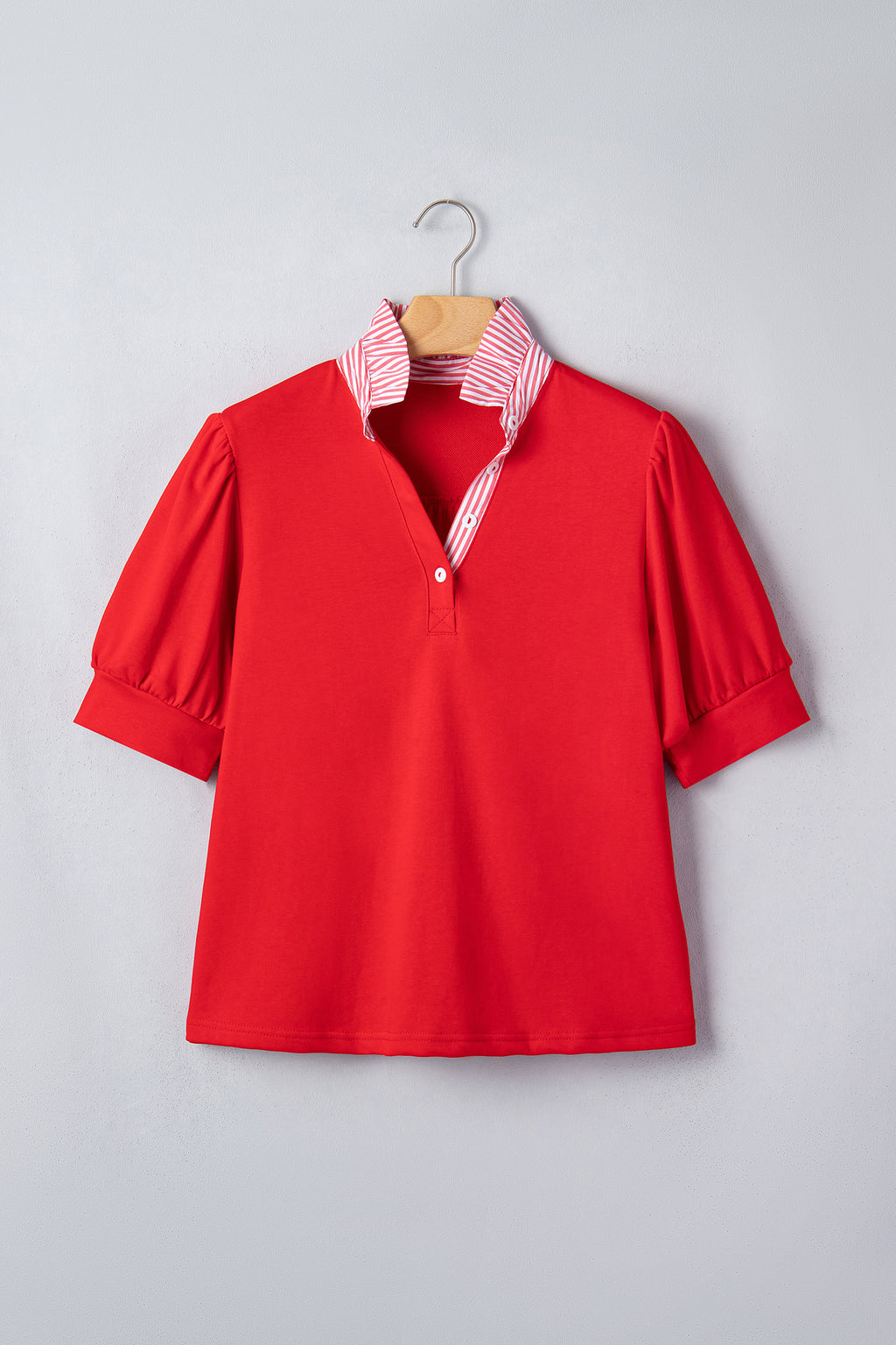 Sky Blue Striped Frilled Collar Short Sleeve Blouse