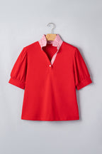 Sky Blue Striped Frilled Collar Short Sleeve Blouse