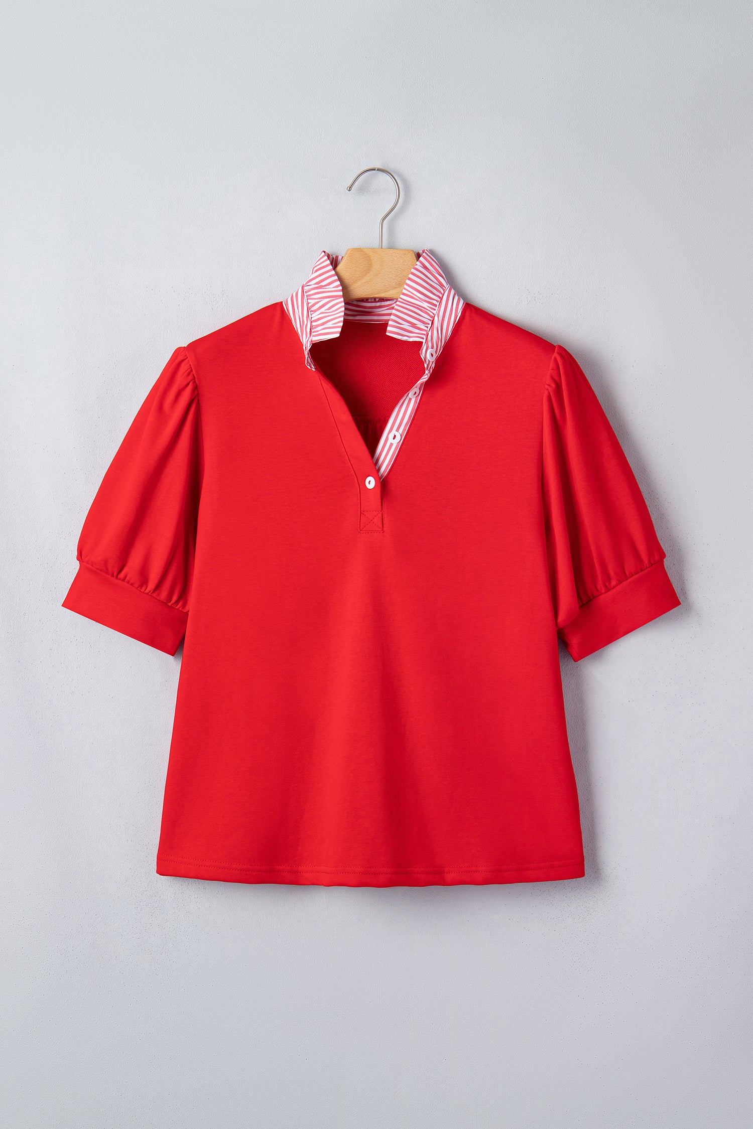 Sky Blue Striped Frilled Collar Short Sleeve Blouse