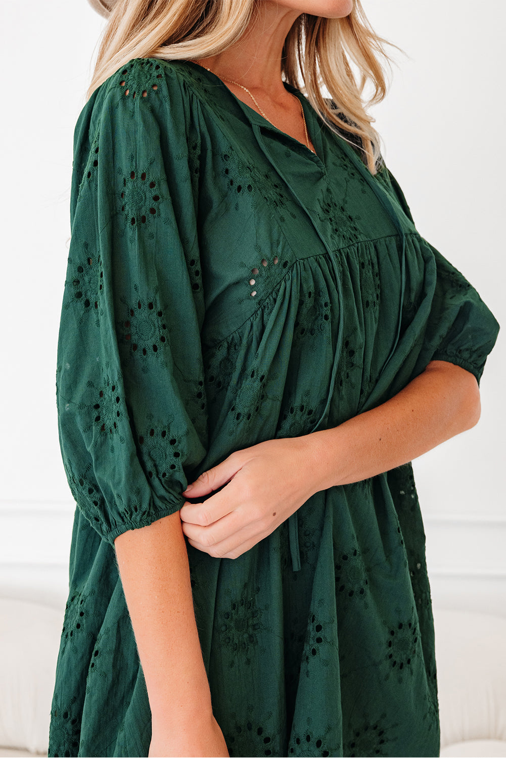 Embroidered Eyelet Mini Dress, Puff Sleeve