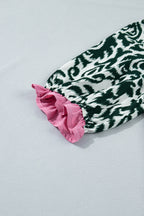 Green Damask Print Ruffled Color Block Detail Half Sleeve Blouse