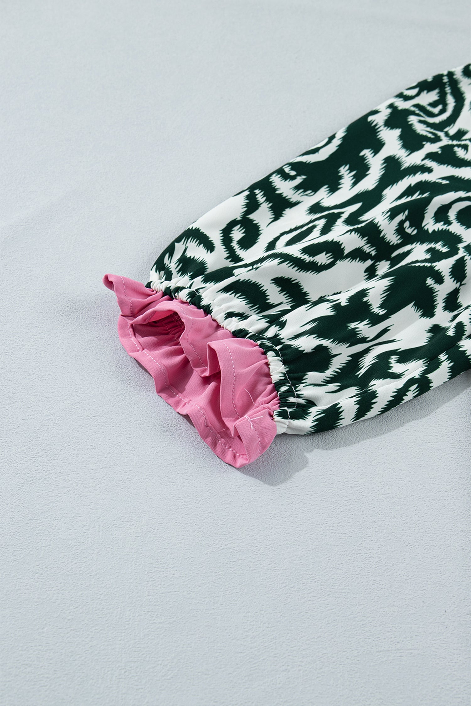 Green Damask Print Ruffled Color Block Detail Half Sleeve Blouse