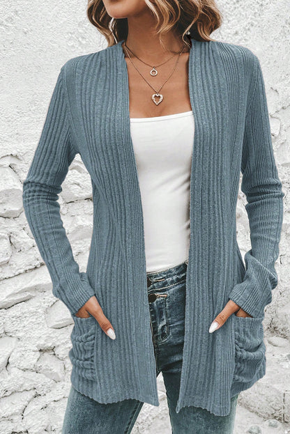 Black Ribbed Open Front Cardigan