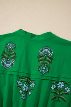 Green Floral Print Split Neck Shirred High Waist Ruffle Hem Maxi Dress