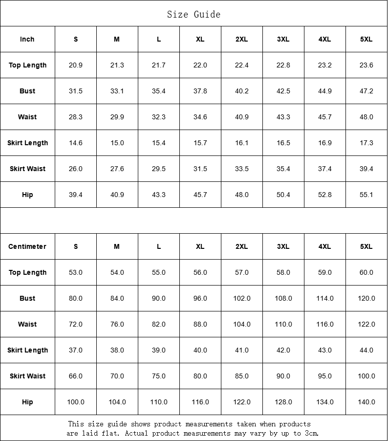 Size guide chart in inches and centimeters, including top length, bust, waist, skirt length, skirt waist, and hip measurements for sizes S to 5XL.