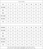 Size guide chart in inches and centimeters, including top length, bust, waist, skirt length, skirt waist, and hip measurements for sizes S to 5XL.