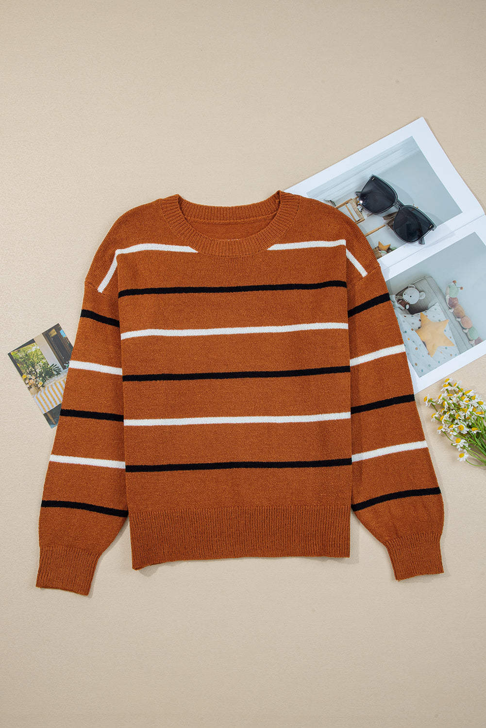 Brown Stripe Drop Shoulder Sweater