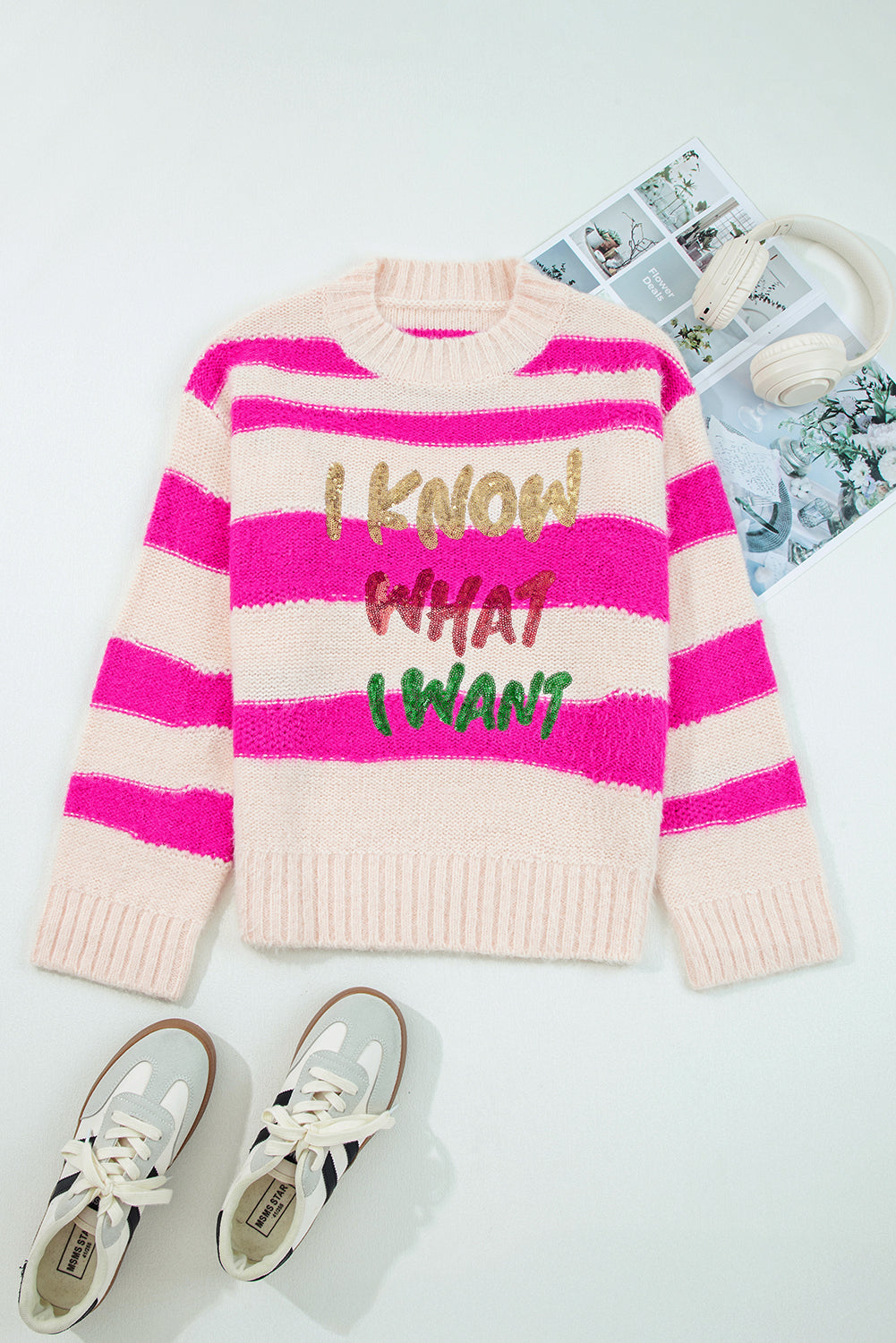 Sequin Letter Graphic Sweater In Stripes