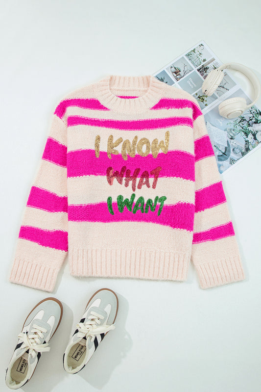 Sequin Letter Graphic Sweater In Stripes